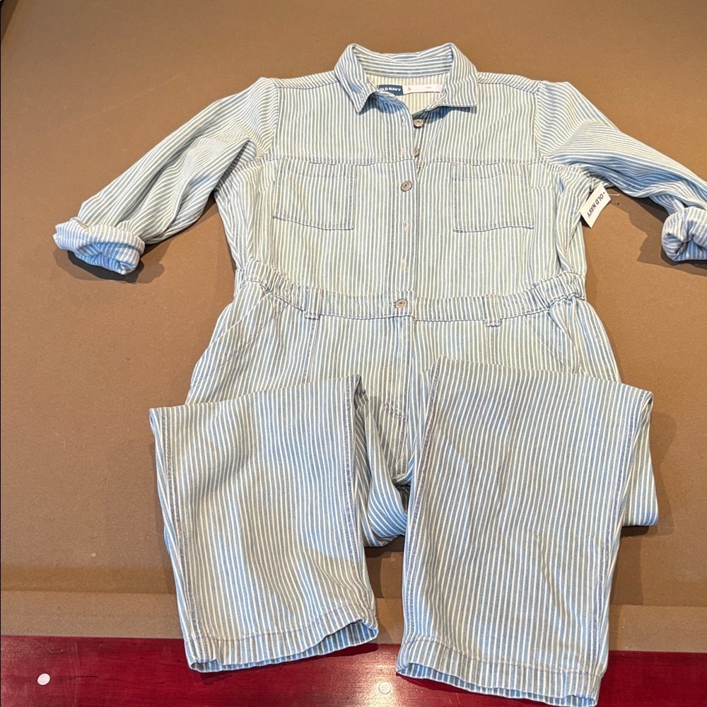 Old Navy Light Blue & White Striped Cotton Jumpsuit